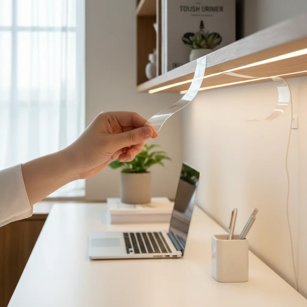 EVEREASE heavy duty double sided adhesive tape being applied to a wooden shelf in a bright home office