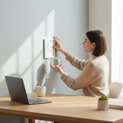 EVEREASE heavy duty double sided mounting tape used by a woman to hang a picture frame on a bright office wall