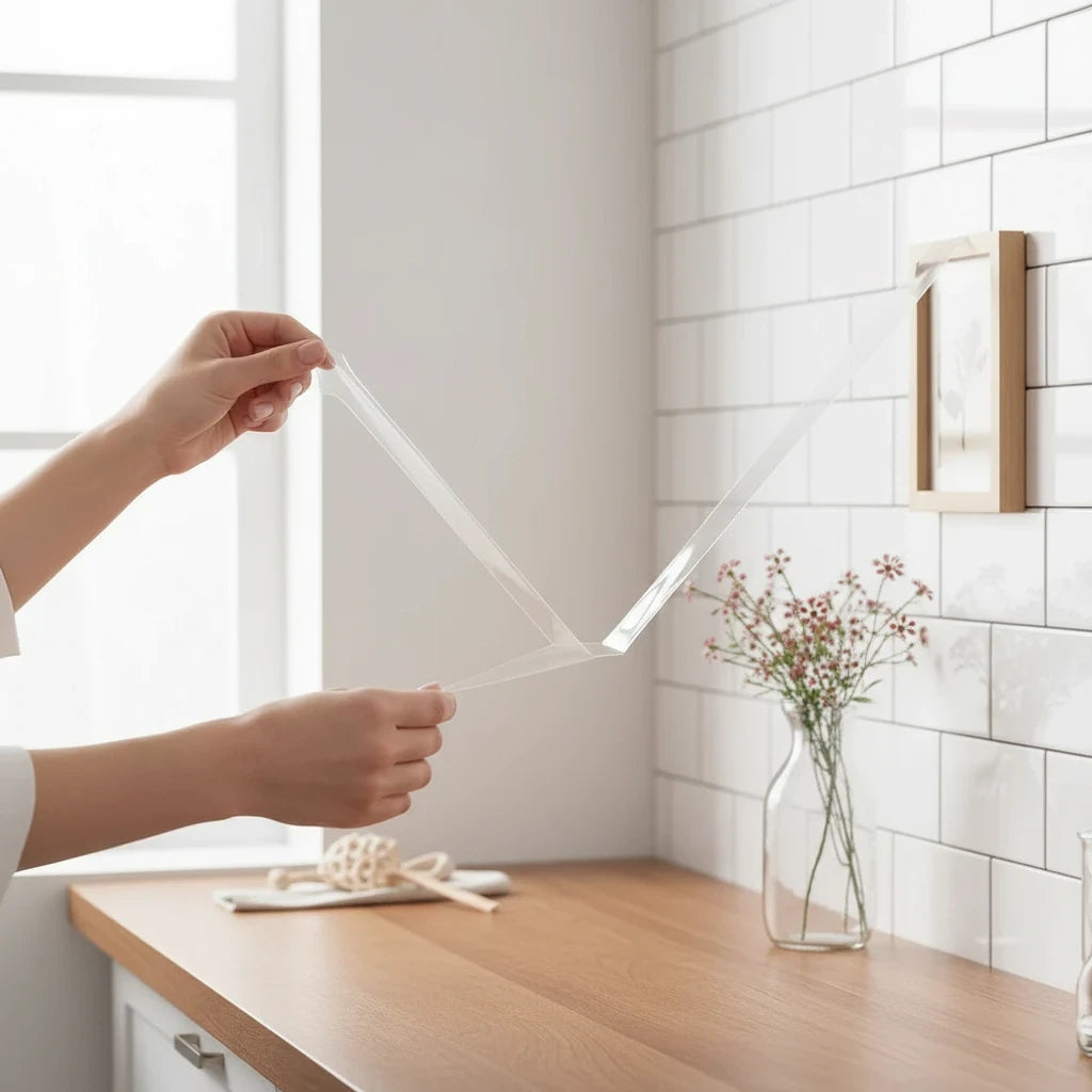 EVEREASE heavy duty double sided mounting tape being applied to a wall in a bright kitchen setting