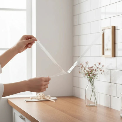 EVEREASE heavy duty double sided mounting tape being applied to a wall in a bright kitchen setting