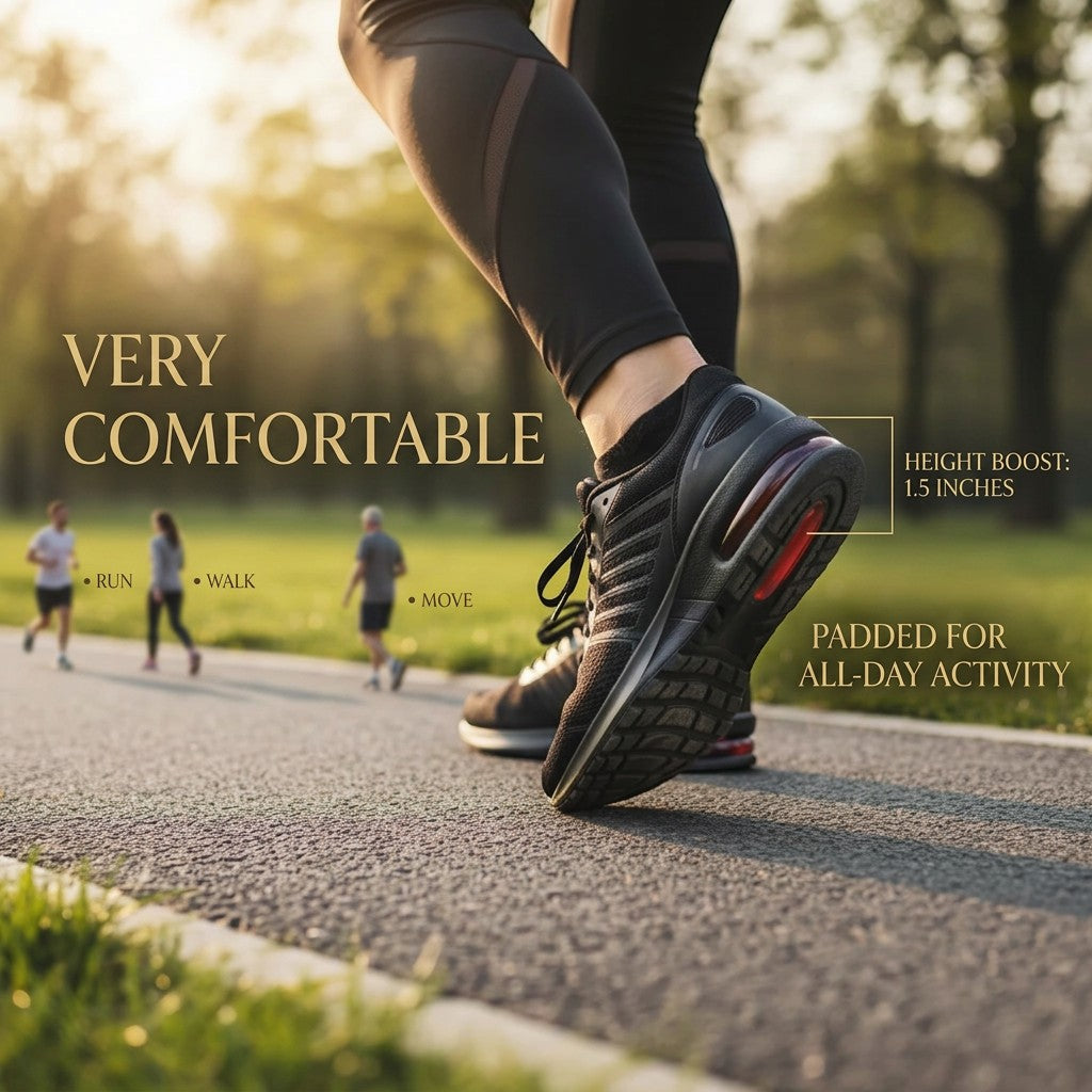 EVEREASE height increasing shoe insoles inside a black athletic sneaker worn by a person walking on a park path