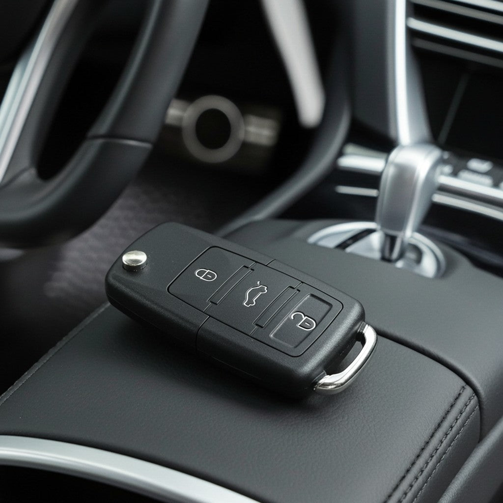 EVEREASE black car key fob with a hidden storage compartment resting on a luxury vehicle center console