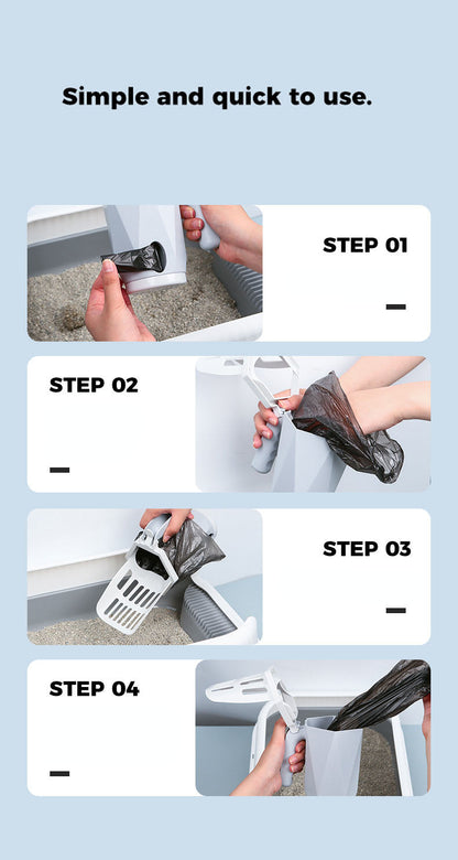 EVEREASE integrated cat litter scoop with built-in waste bag dispenser showing four simple usage steps