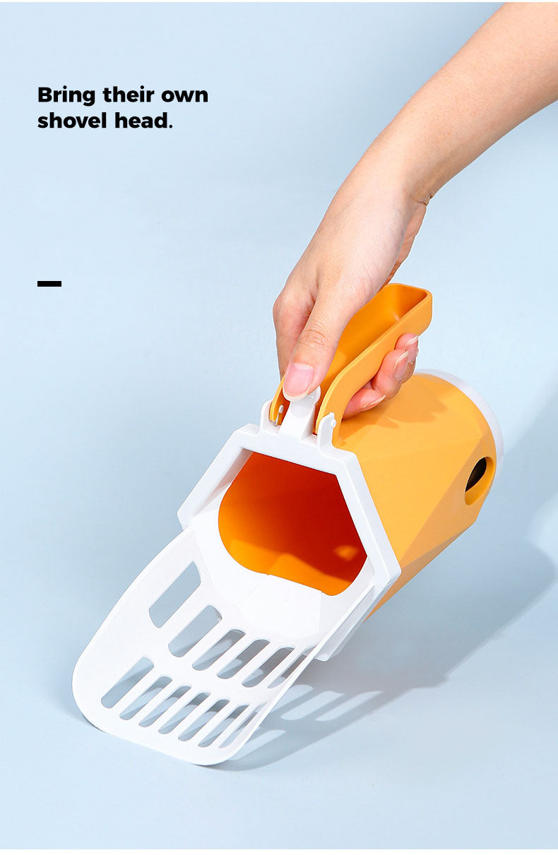 EVEREASE yellow integrated cat litter scoop with white slotted shovel head and built-in waste bag dispenser