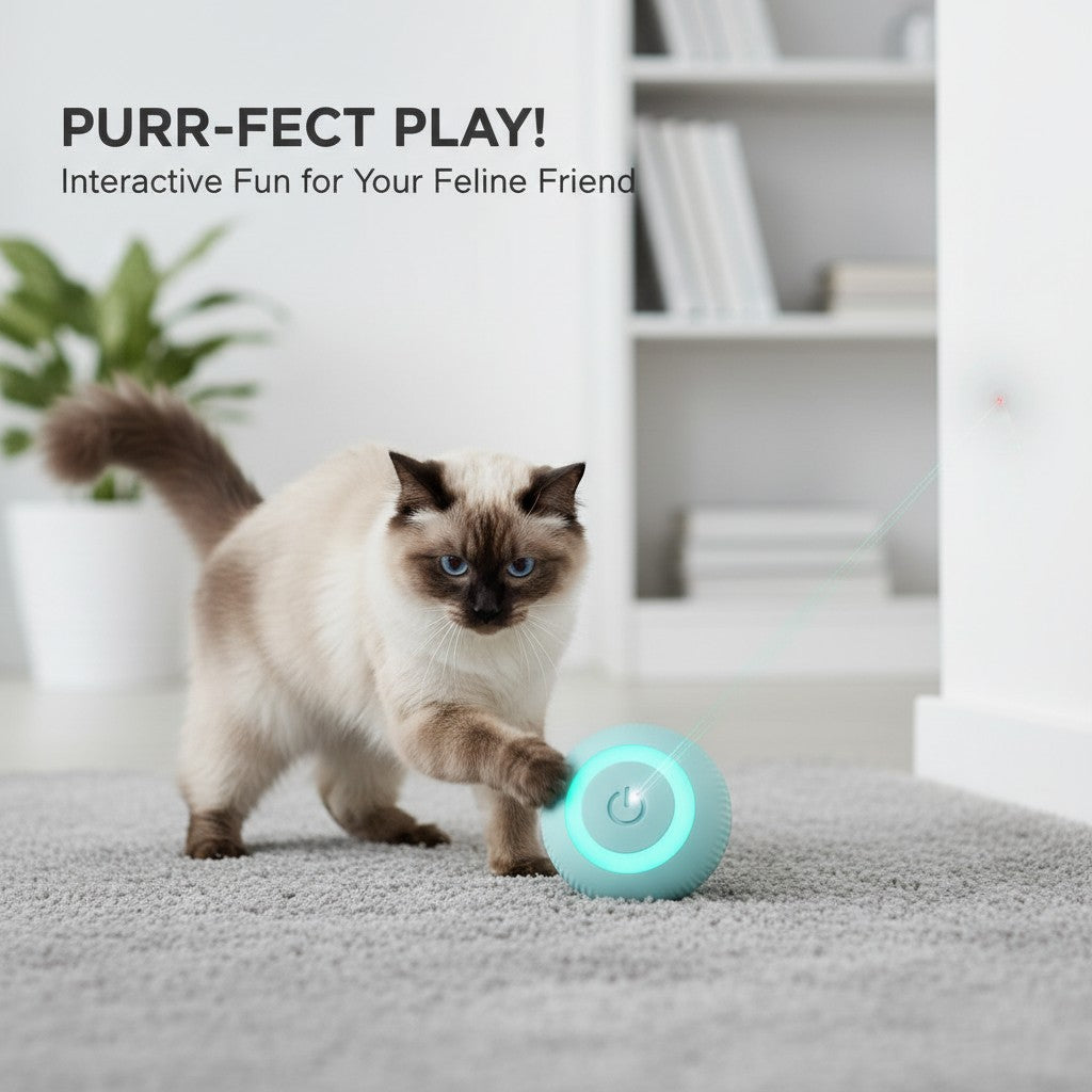 EVEREASE interactive cat ball in light blue silicone with a glowing power button, being played with by a cat.
