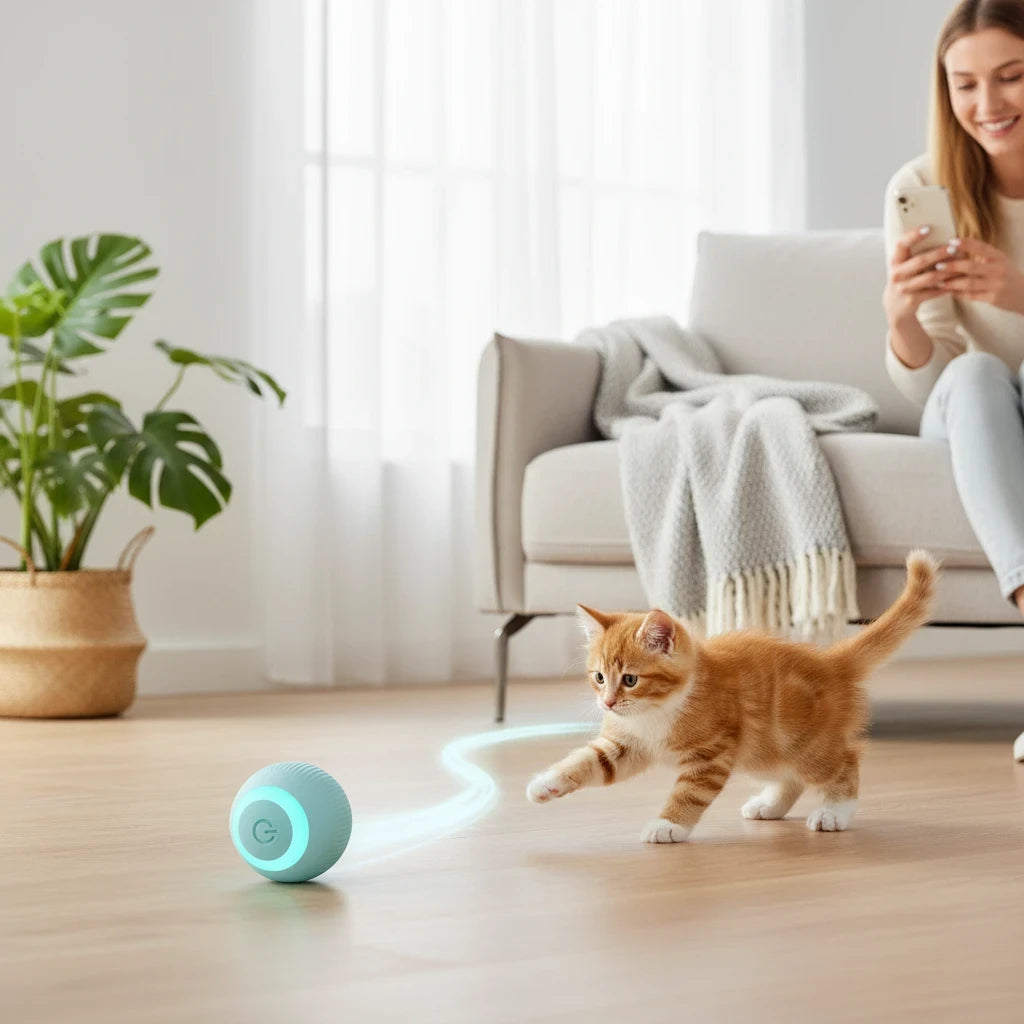 EVEREASE interactive cat toy ball with glowing blue light, rolling on a wooden floor while a kitten plays with it.