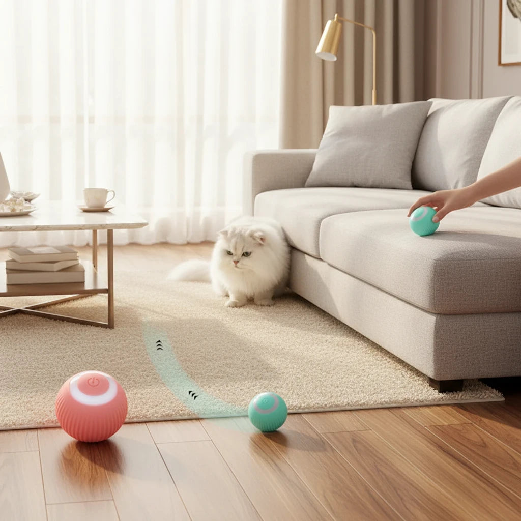 EVEREASE interactive cat toy balls in pink and teal silicone rolling on a living room floor with a fluffy white cat