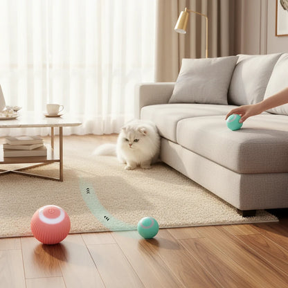 EVEREASE interactive cat toy balls in pink and teal silicone rolling on a living room floor with a fluffy white cat