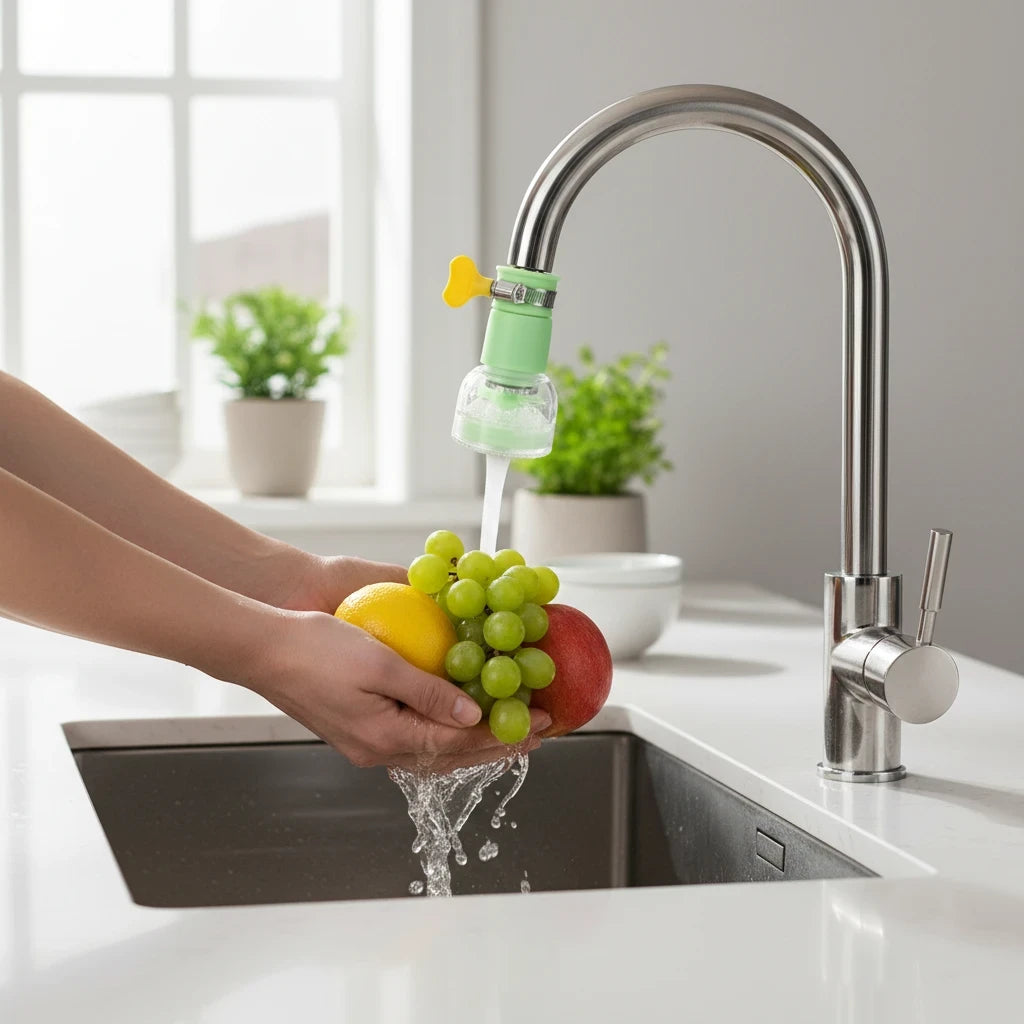 EVEREASE adjustable kitchen sink faucet sprayer attachment with 360-degree rotation washing grapes and lemon
