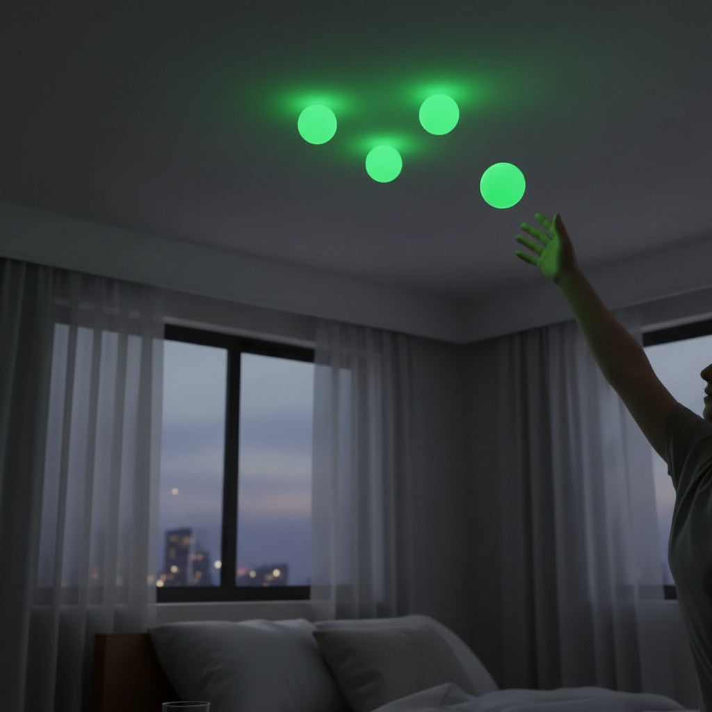EVEREASE glow-in-the-dark sticky ceiling balls glowing green on a bedroom ceiling with a person reaching up