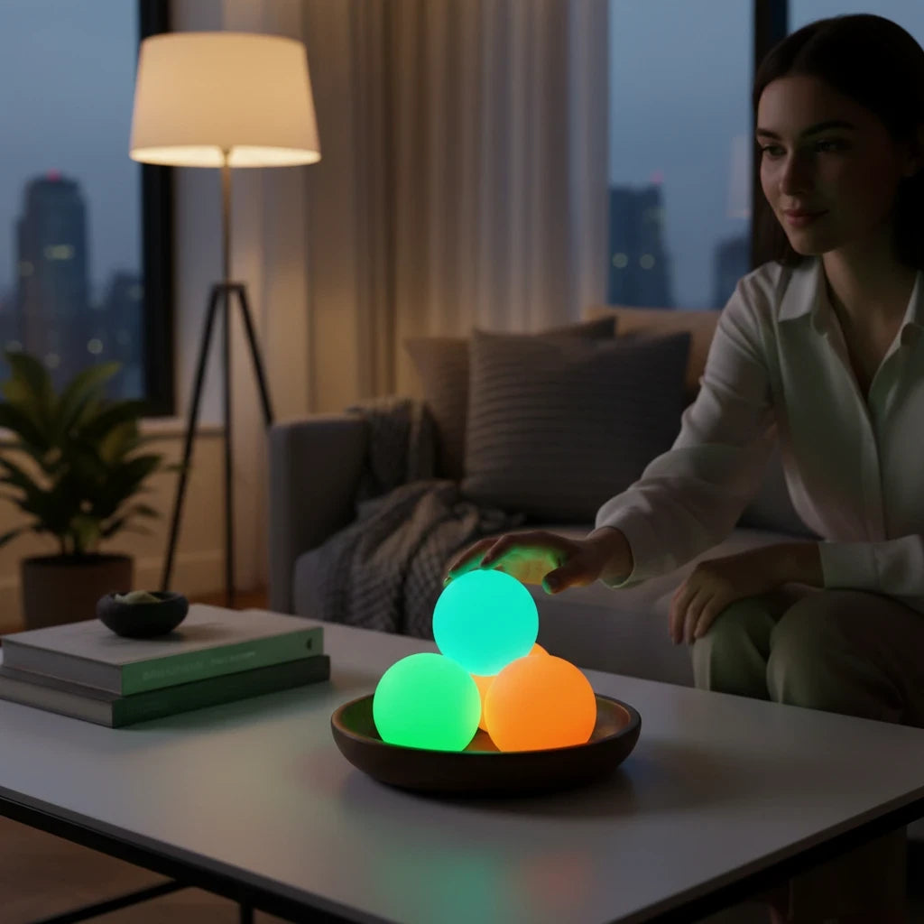 EVEREASE glowing sticky ceiling balls in green and orange on a wooden tray in a cozy dimly lit living room