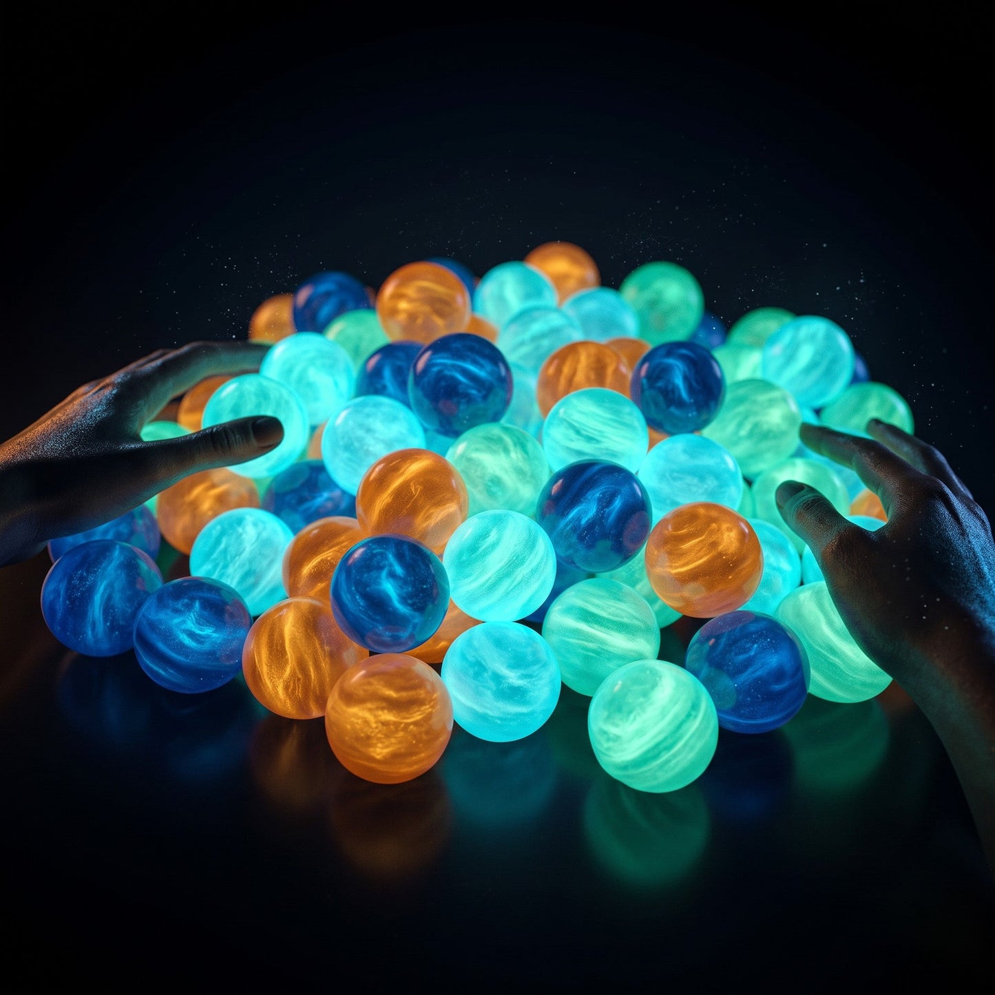 EVEREASE luminous sticky ceiling balls in blue, orange, and green glowing in a dark room with hands reaching in