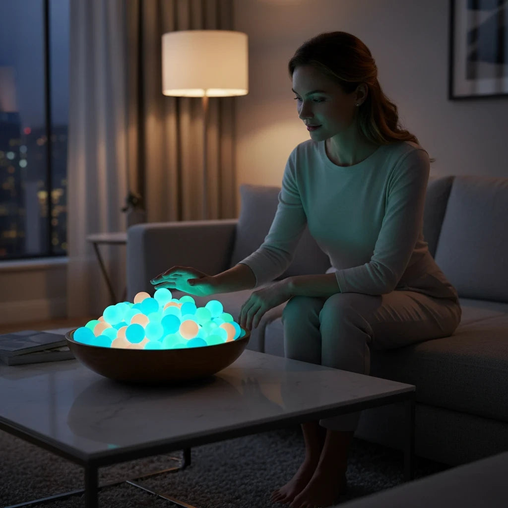 EVEREASE glowing sticky sensory balls in a wooden bowl on a living room table with a woman sitting nearby at night
