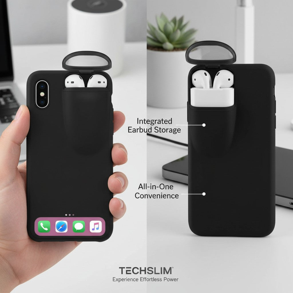 EVEREASE black 2-in-1 shock-absorbing phone case with integrated storage compartment for AirPods earbuds
