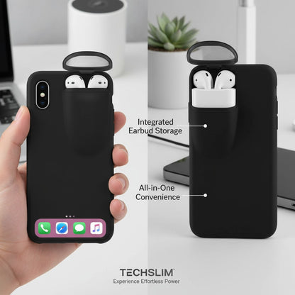 EVEREASE black 2-in-1 shock-absorbing phone case with integrated storage compartment for AirPods earbuds