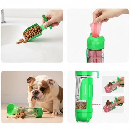 EVEREASE multifunctional green pet travel water bottle with food container, waste bag dispenser, and cleaning scoop.