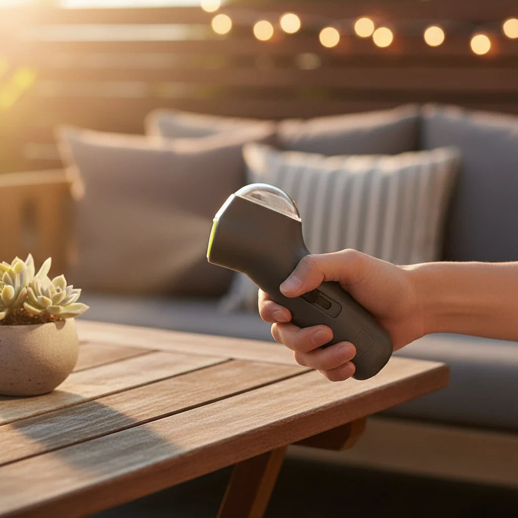 EVEREASE Animal Planet pet treat launcher held in hand on a wooden patio table at sunset