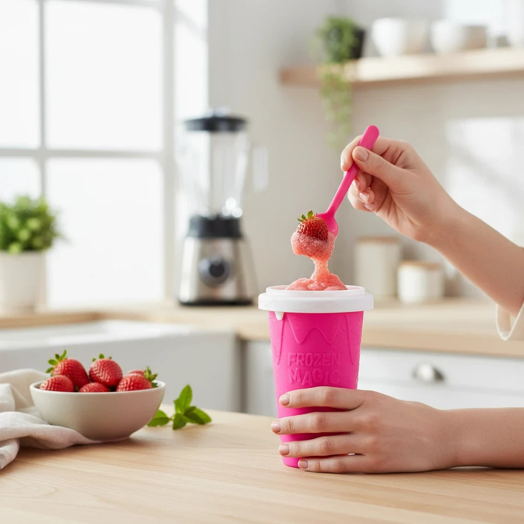EVEREASE pink slushy maker cup with a matching spoon, held by a person eating a fresh strawberry slush in a kitchen.