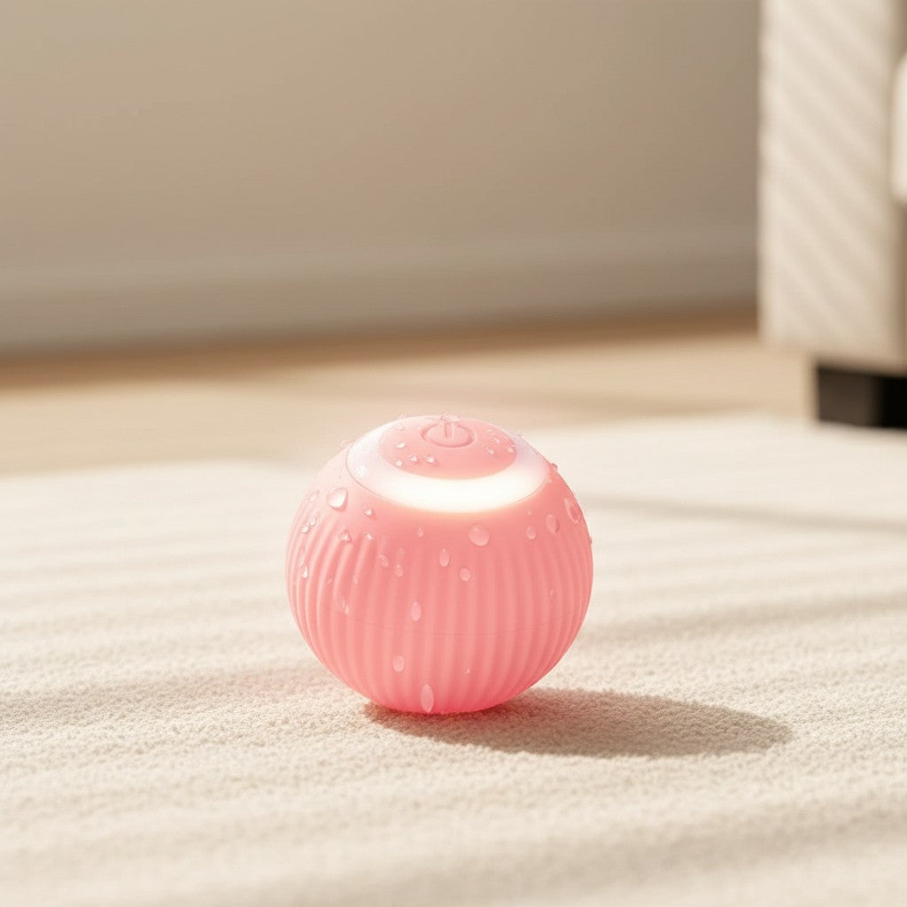 EVEREASE interactive pink silicone cat toy ball with glowing light on a carpeted floor