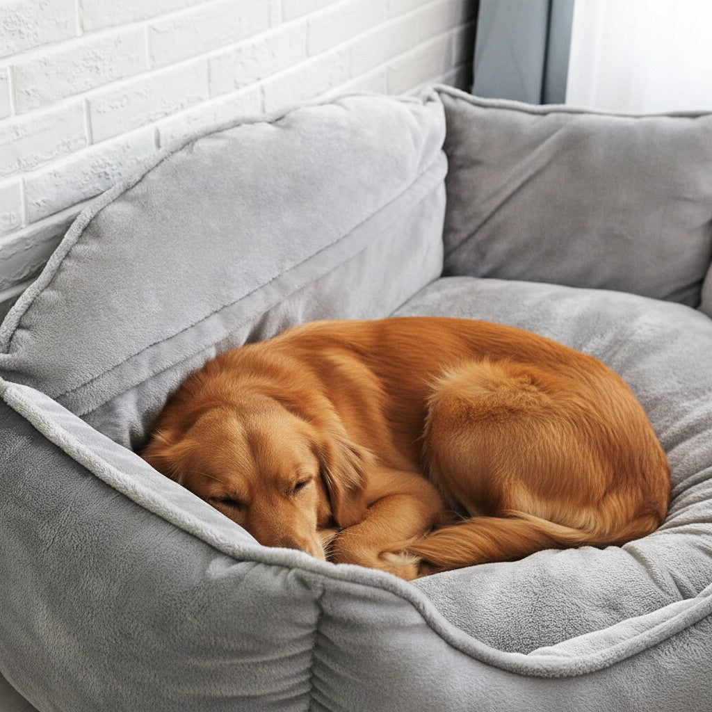 EVEREASE plush grey bolster dog bed with a golden retriever sleeping comfortably inside on a soft mattress