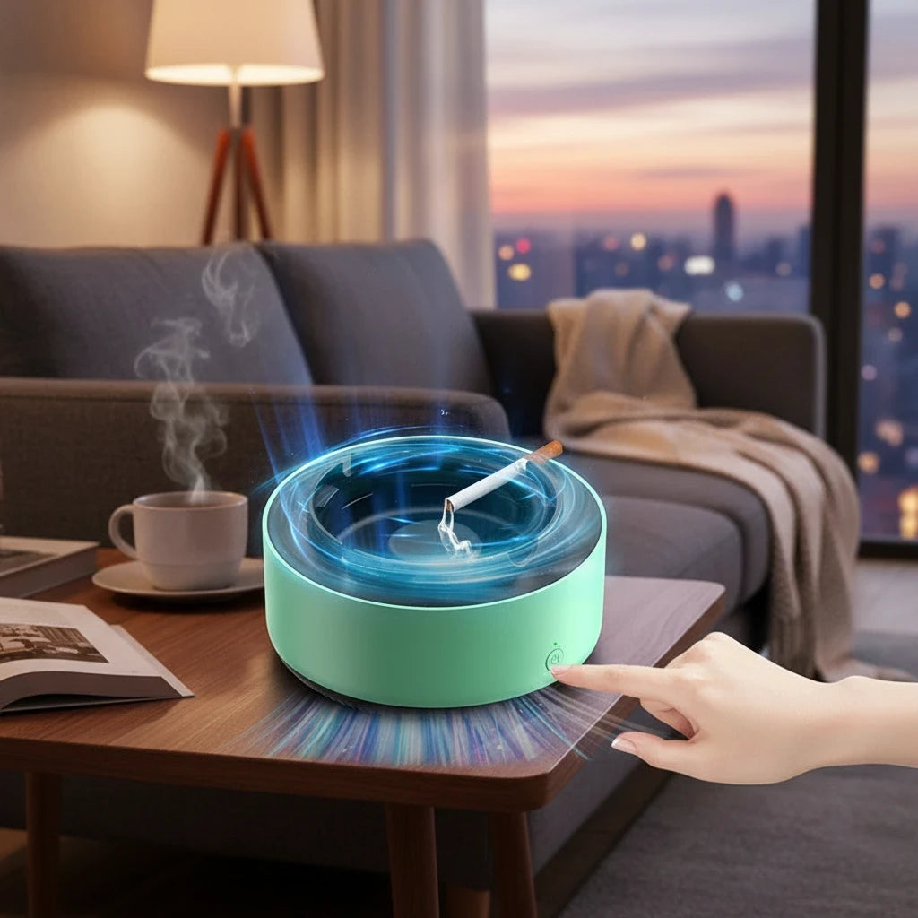 EVEREASE portable desktop air purifying ashtray in mint green, actively filtering smoke on a living room side table.