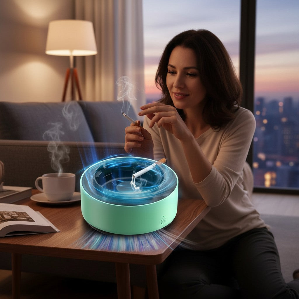EVEREASE portable desktop air purifying ashtray in mint green, actively filtering smoke in a cozy living room setting.