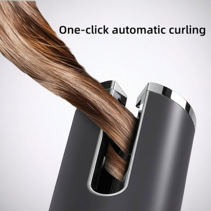 EVEREASE portable automatic hair curler in matte grey, showing a strand of hair being styled with one-click technology