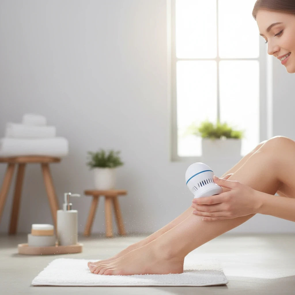 Woman using an EVEREASE portable electric callus remover on her leg in a bright, modern bathroom setting.