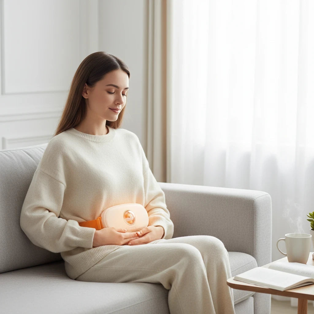 EVEREASE portable electric waist heating pad and menstrual massager worn by a woman sitting on a grey sofa