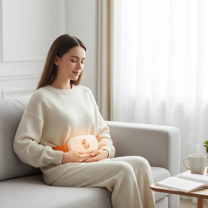 EVEREASE portable electric waist heating pad and menstrual massager worn by a woman sitting on a grey sofa