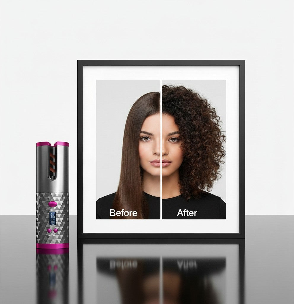 EVEREASE portable hair curler next to a before and after photo showing straight hair transformed into curly hair.