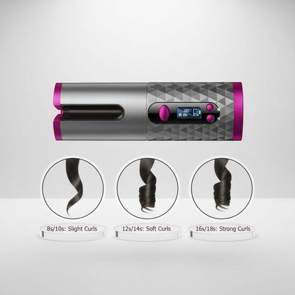 EVEREASE portable hair curler in grey and magenta with digital display and three curl setting examples