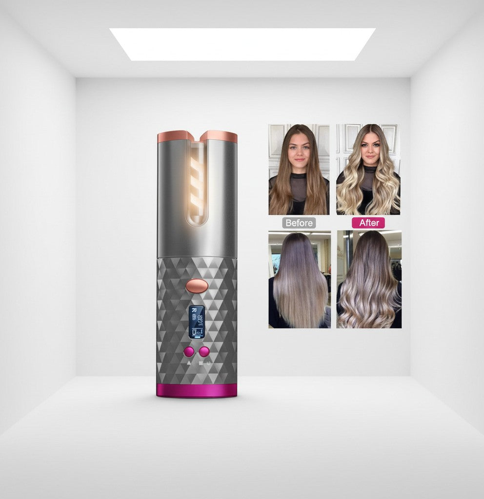 EVEREASE portable hair curler in grey and rose gold with digital display and before and after hair transformation