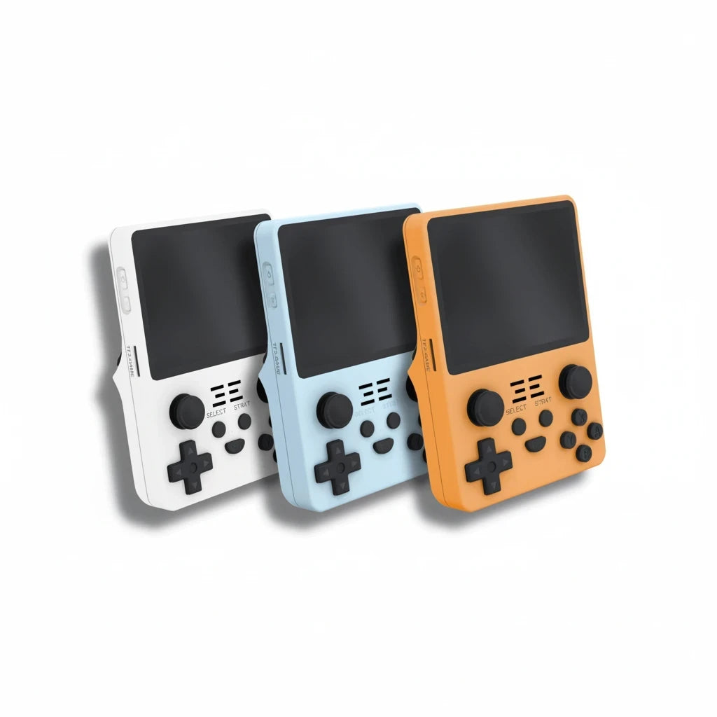 EVEREASE portable handheld video game consoles in white, light blue, and orange with black buttons and screens.