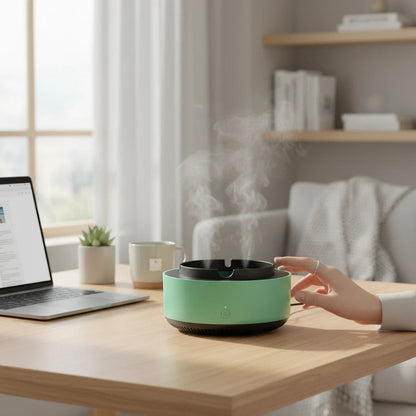 EVEREASE portable mint green desktop air purifying ashtray releasing smoke on a wooden desk in a cozy living room