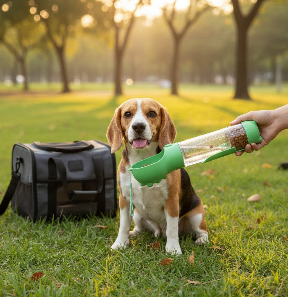 EVEREASE multifunctional portable pet water bottle and food feeder held for a beagle in a park