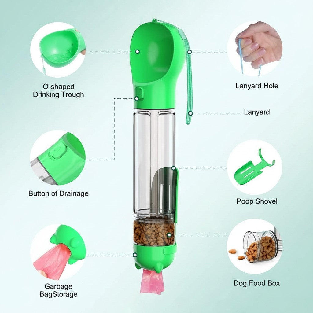 EVEREASE multifunctional green portable pet water bottle with integrated food container, poop shovel, and bag dispenser.