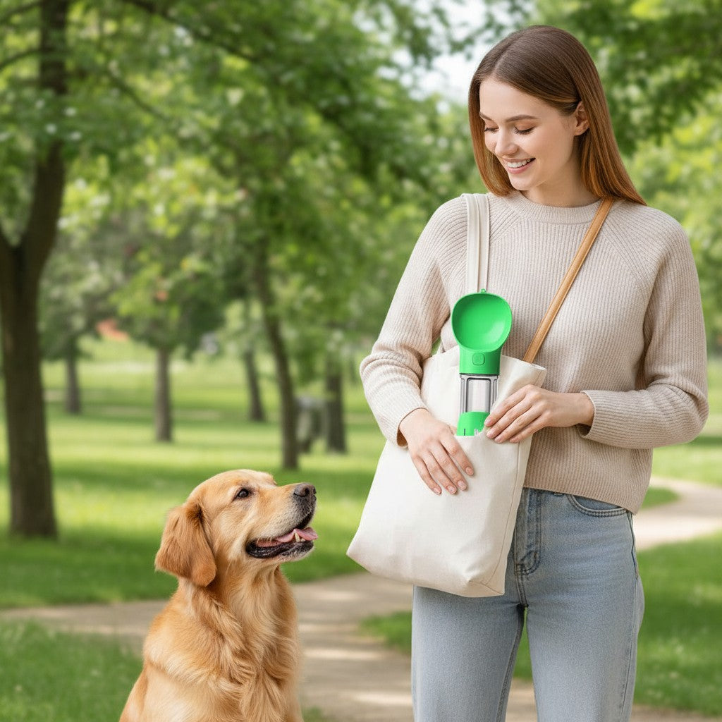 EVEREASE portable green pet water bottle and feeder with waste scoop in a tote bag held by a woman with her dog