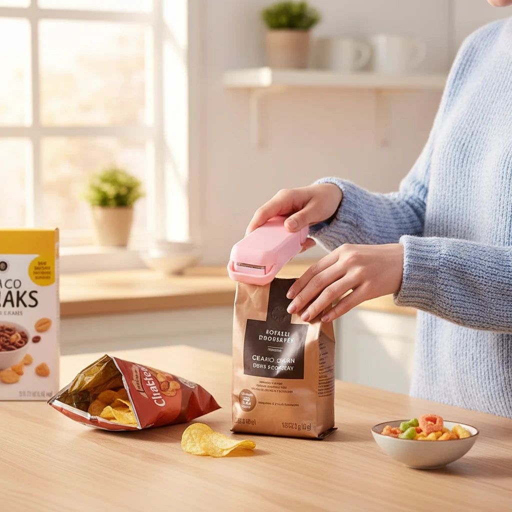 EVEREASE portable pink handheld heat sealer being used to create an airtight seal on a snack bag in a kitchen