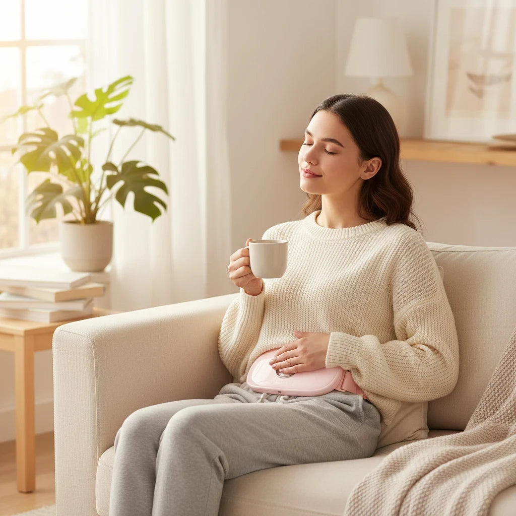 EVEREASE portable pink electric waist heating pad used by a woman relaxing on a sofa with a cup of tea