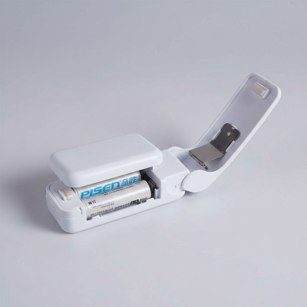 EVEREASE portable handheld plastic bag heat sealer in white with open battery compartment