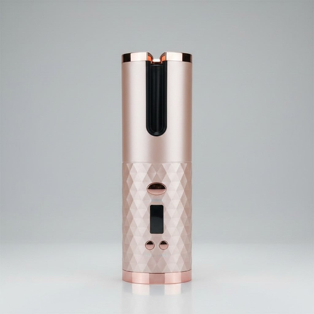 EVEREASE portable hair curler in rose gold with a textured diamond pattern grip and digital display screen.