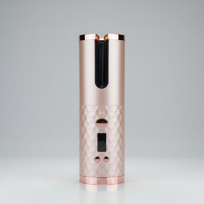 EVEREASE portable hair curler in rose gold with a textured diamond pattern grip and digital display screen.