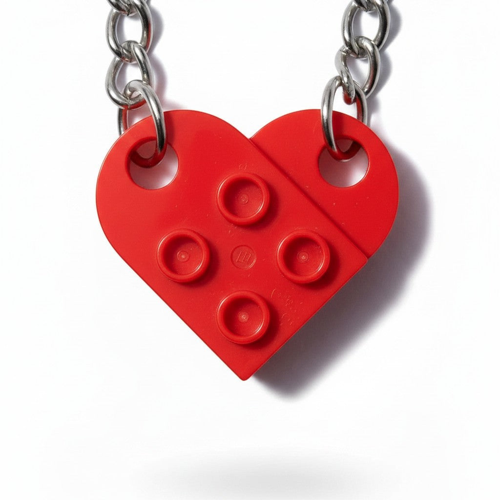 EVEREASE matching red heart shaped keychain set made of interlocking building blocks on a silver chain
