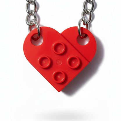 EVEREASE matching red heart shaped keychain set made of interlocking building blocks on a silver chain