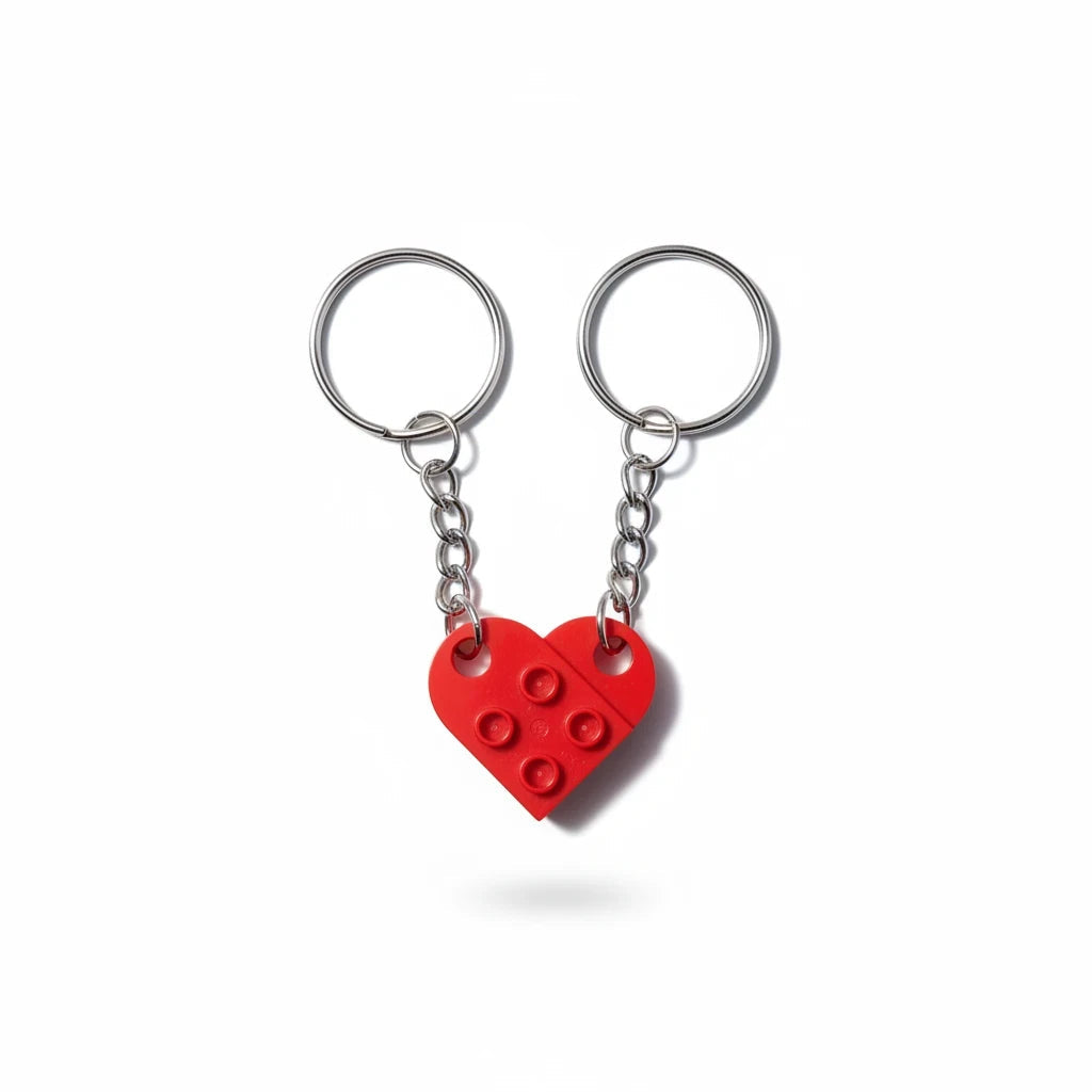 EVEREASE matching red heart shaped brick keychain set for couples on a white background