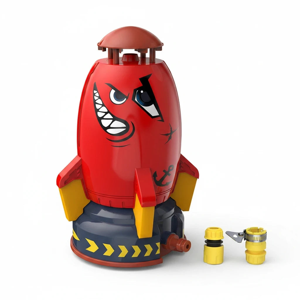 EVEREASE red rocket sprinkler toy with shark face design and yellow fins for outdoor garden water play