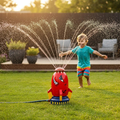 EVEREASE red rocket sprinkler spraying water in a garden with a happy child running in the background