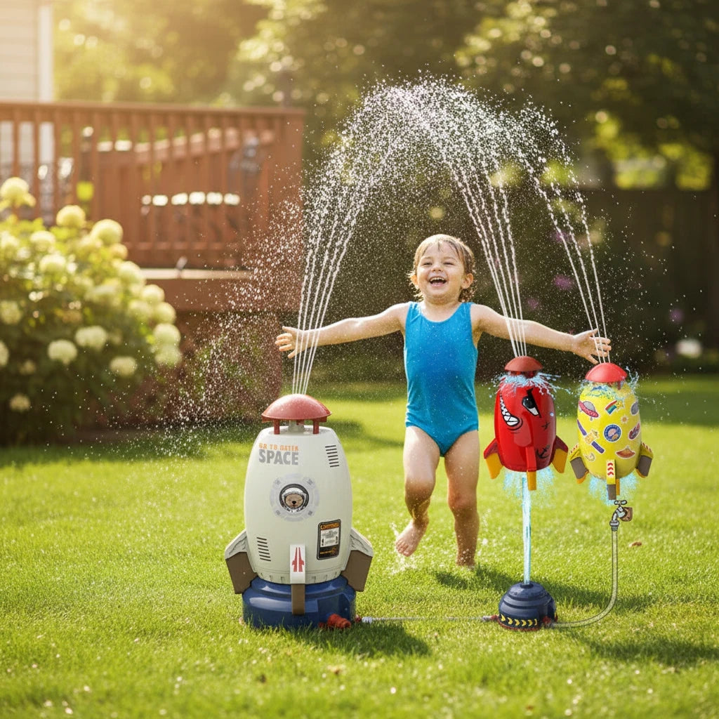 EVEREASE rocket sprinkler toy spraying water in a sunny backyard with a happy child playing in the garden