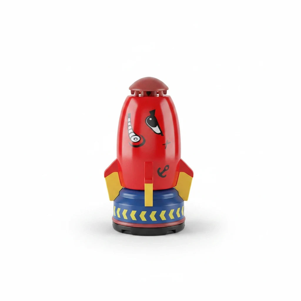 EVEREASE red and blue rocket sprinkler toy with yellow fins and cartoon graphics for outdoor garden water play